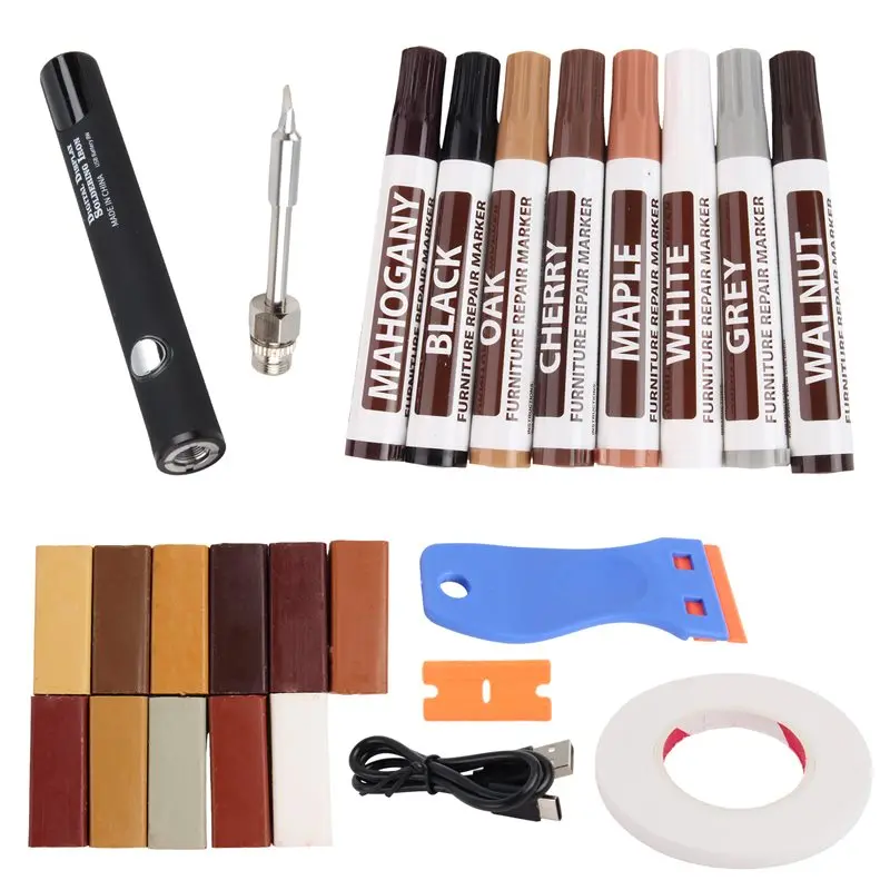 Vinyl Floor Touch-Up Markers 11 Colors, Hardwood Wax 8 Colors Dual Tip Furniture Repair Kit With Upgraded Heat Pen