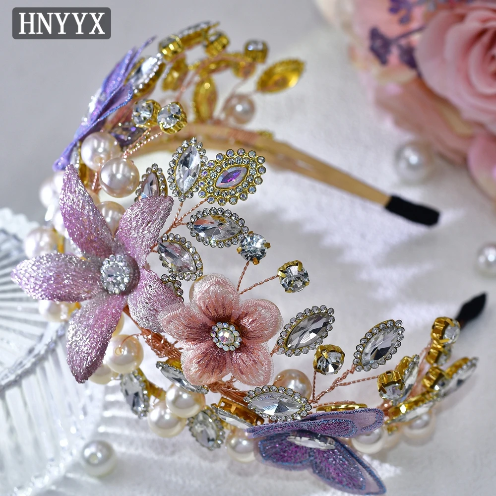 HNYYX Wedding Rhinestone Tiara Crown Pearl Hair Accessorise For Women Colorful Headband Bridal Headpieces Jewelry Headress A198