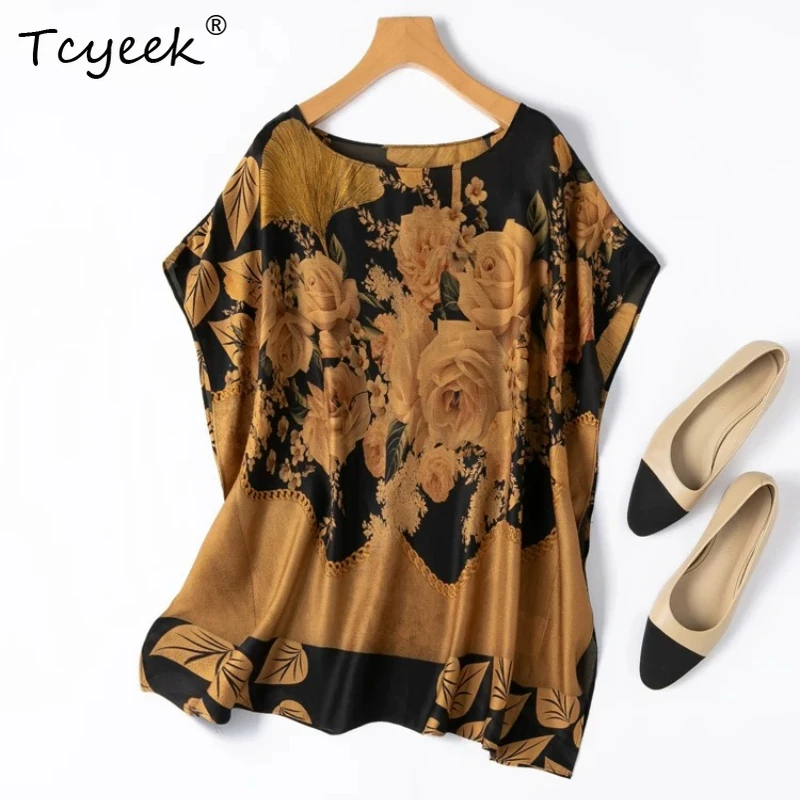 

Tcyeek 100% Real Silk Tops for Women 2026 Summer Vintage Golden Print Loose Batwing Sleeve Shirt Clothes for Woman Tops De Mujer