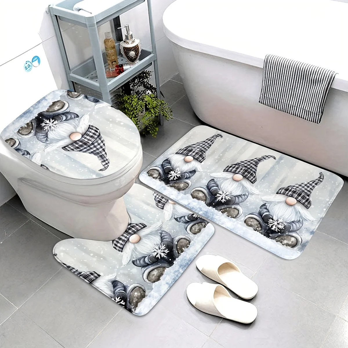 Christmas Gnome Bathroom Mat Set, Grey Plaid Gnome Snowflake Winter Print, Soft Cozy Washable