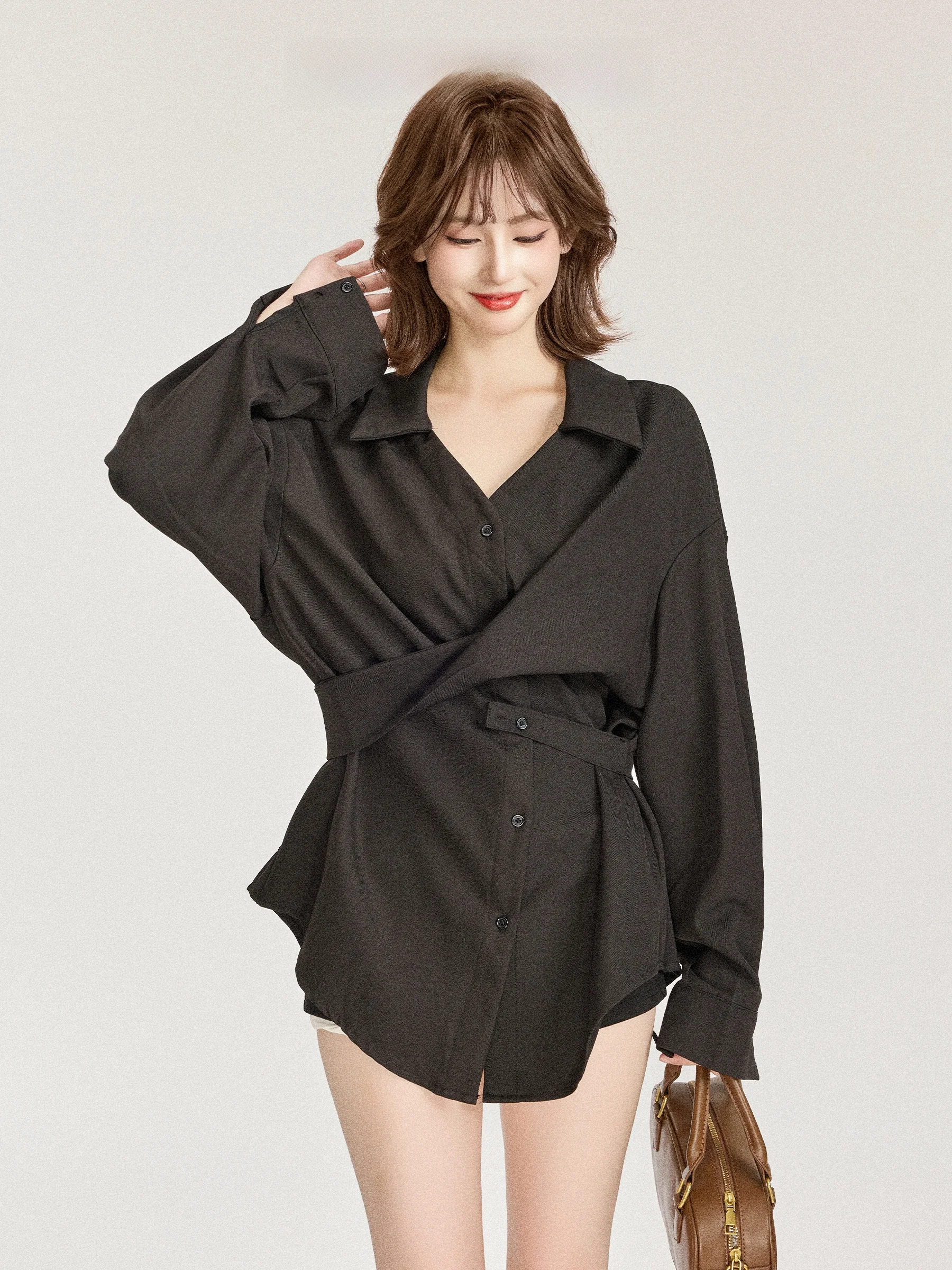 

Ele Bla Long Sve irt Women's Early Autumn Design Slimming Waist Tu Mid-Length Personali Top Commute Sle