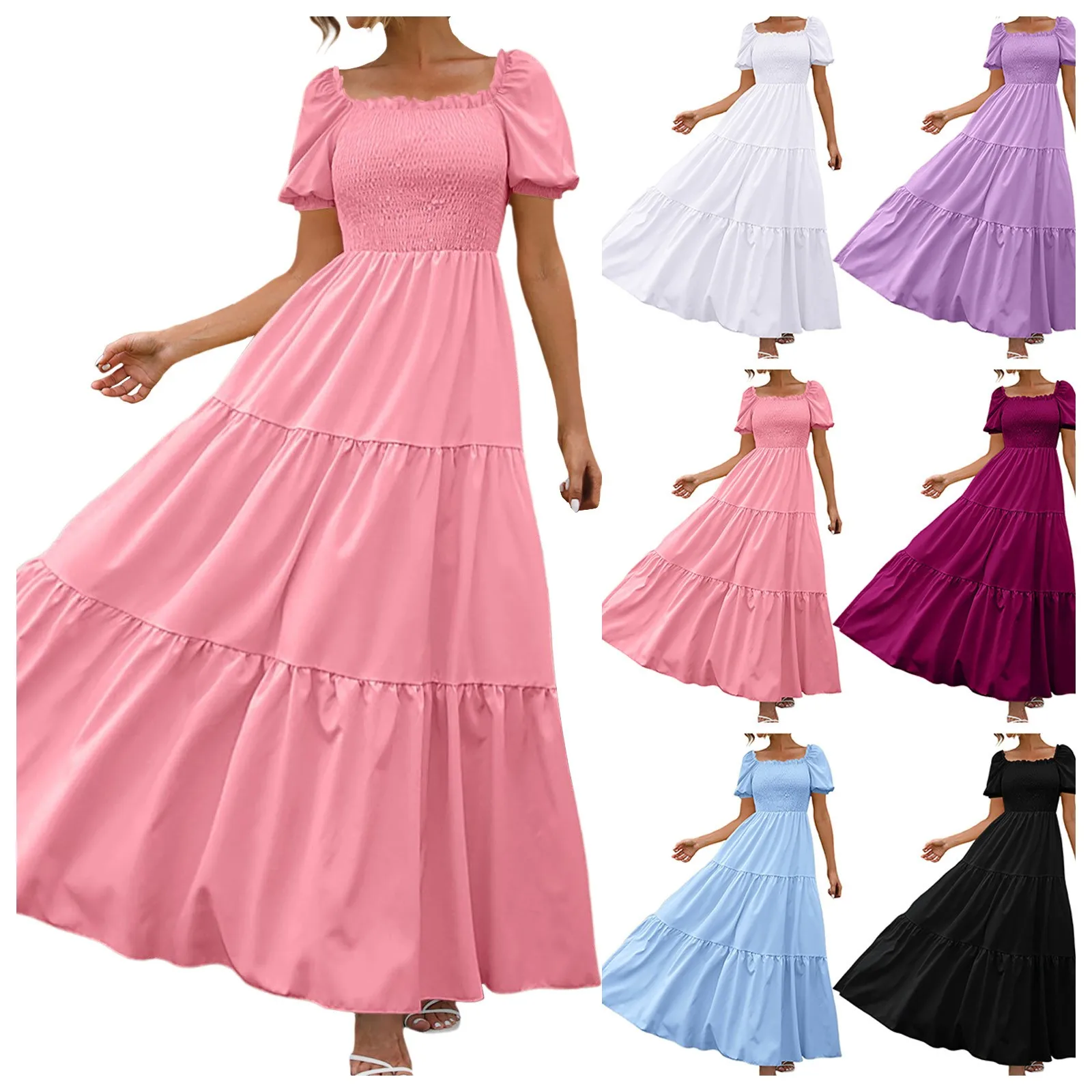 Summer Sweet Long Dresses Purple Puff Sleeve Holiday Sexy Backless Slash Neck High Waist Skinny Maxi Dress Ruffles Pleated Robe