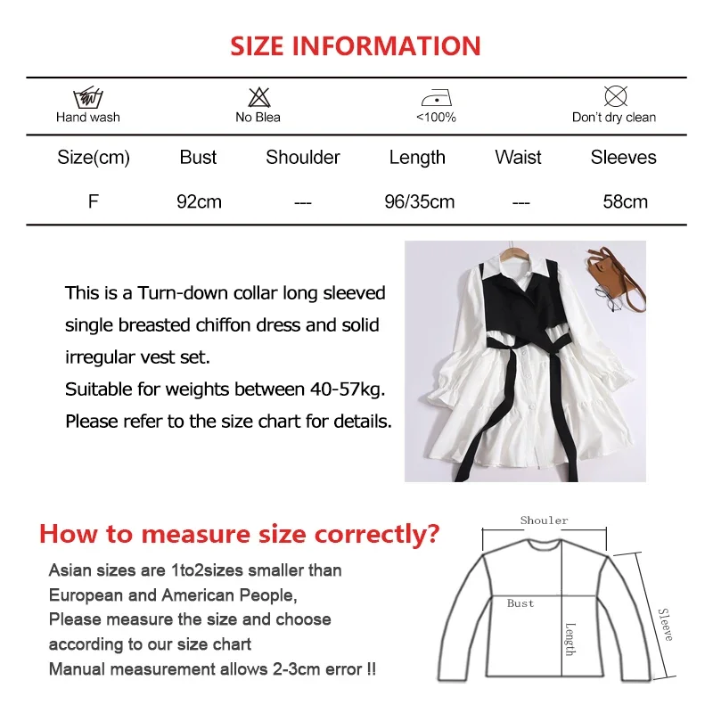 Women Preppy Style Chiffon Set Irregular Solid Vest and Long Sleeved Single breasted Mid Length Turn-down Collar Dress Suit Fall