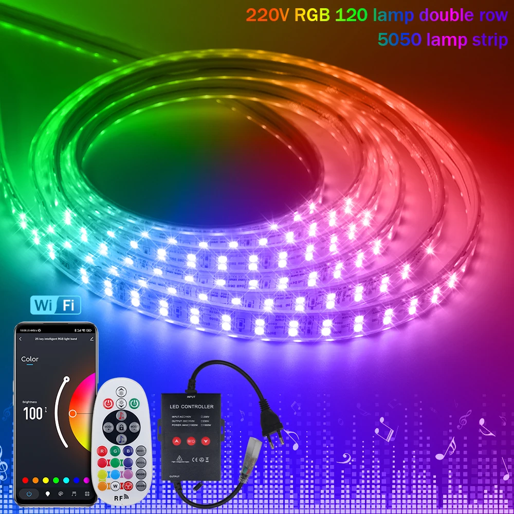 WIFI Bluetooth kontrola aplikacji wysokiej jasności taśma LED RGB AC 220 V wodoodporna 120 diod led/m SMD 5050 elastyczna taśma wstążkowa liny