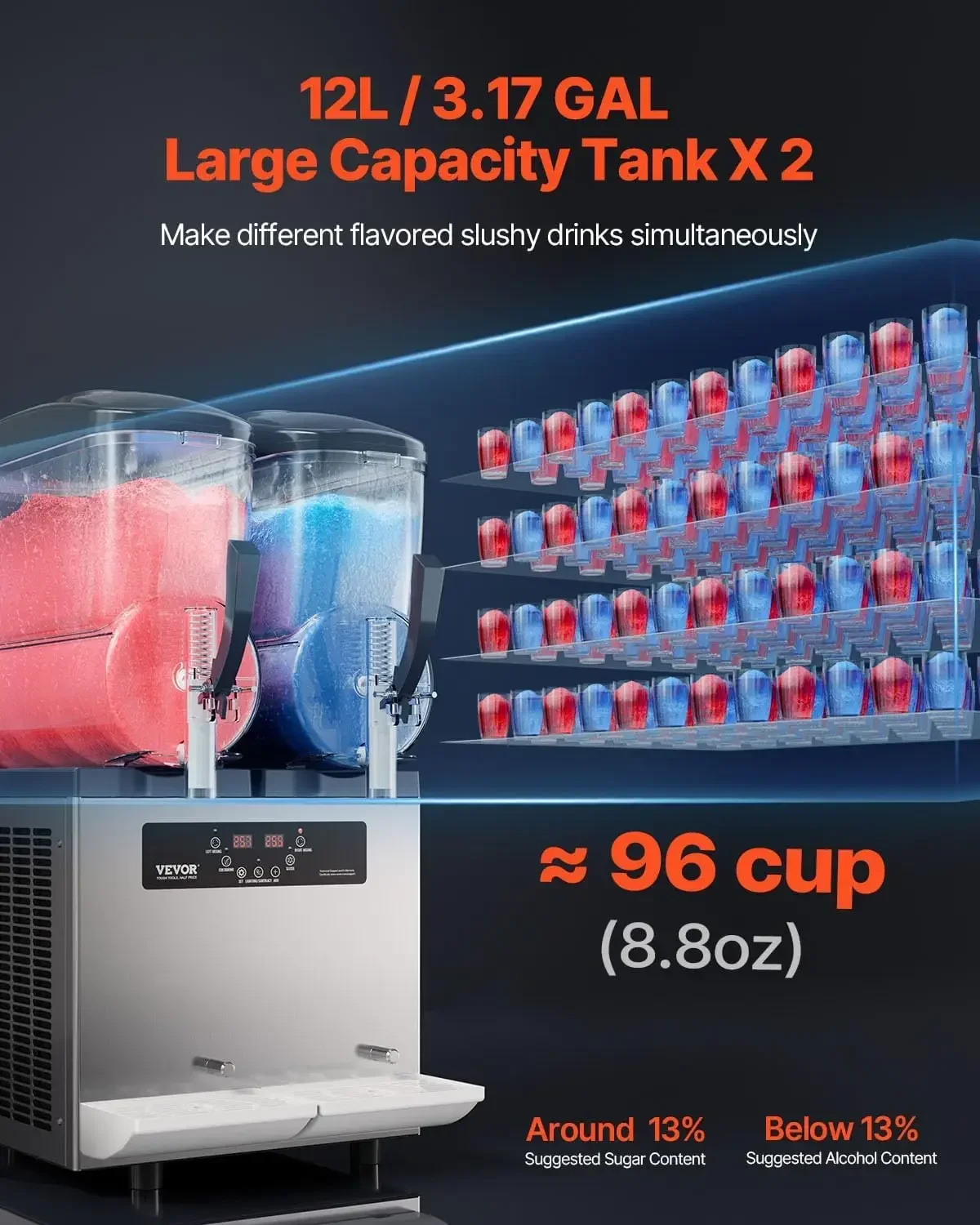 VEVOR Commercial Slushy Machine, 12Lx2 Double Tank Frozen Drink Machine, 96 Cups Stainless Steel Margarita Smoothie Frozen Drink