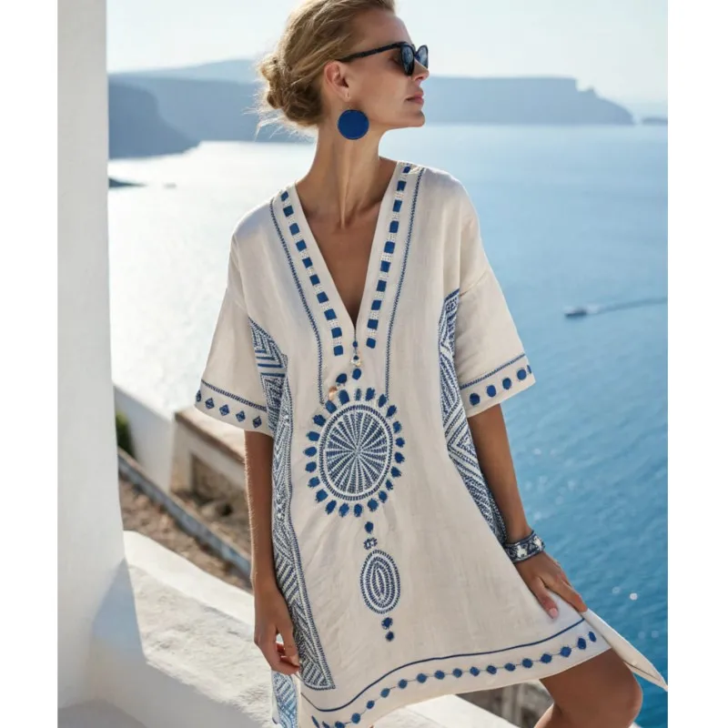 

Summer Loose Batwing Sleeve Boho Dress Vestidos Casual Retro Ethnic Beach Style Dress Elegant Striped Print V Neck Holiday Dress
