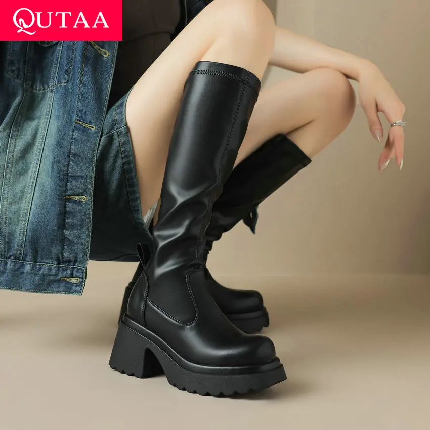 

QUTAA 2024 Women Knee High Boots Autumn Winter Microfiber Zipper Round Toe Knight Boots Stretch Office Shoes Woman Size 34-43