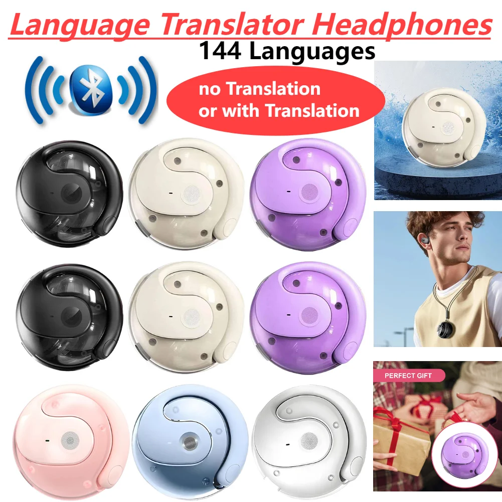 Bluetooth Language Translator Headphones HD Earhook HiFi Stereo Sound Earbuds 144 Languages Wireless Open Headphone for Traveler