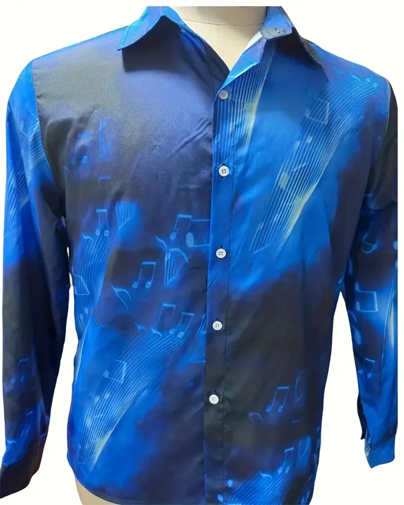 Camicia casual con risvolto a maniche lunghe da uomo stampata in 3D con motivo a nota musicale, adatta per la primavera e l\'autunno, regalo da uomo