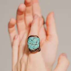 YEEVAA Chunky Turquoise Ring, Bronze Ring, Handmade Jewelry Gift