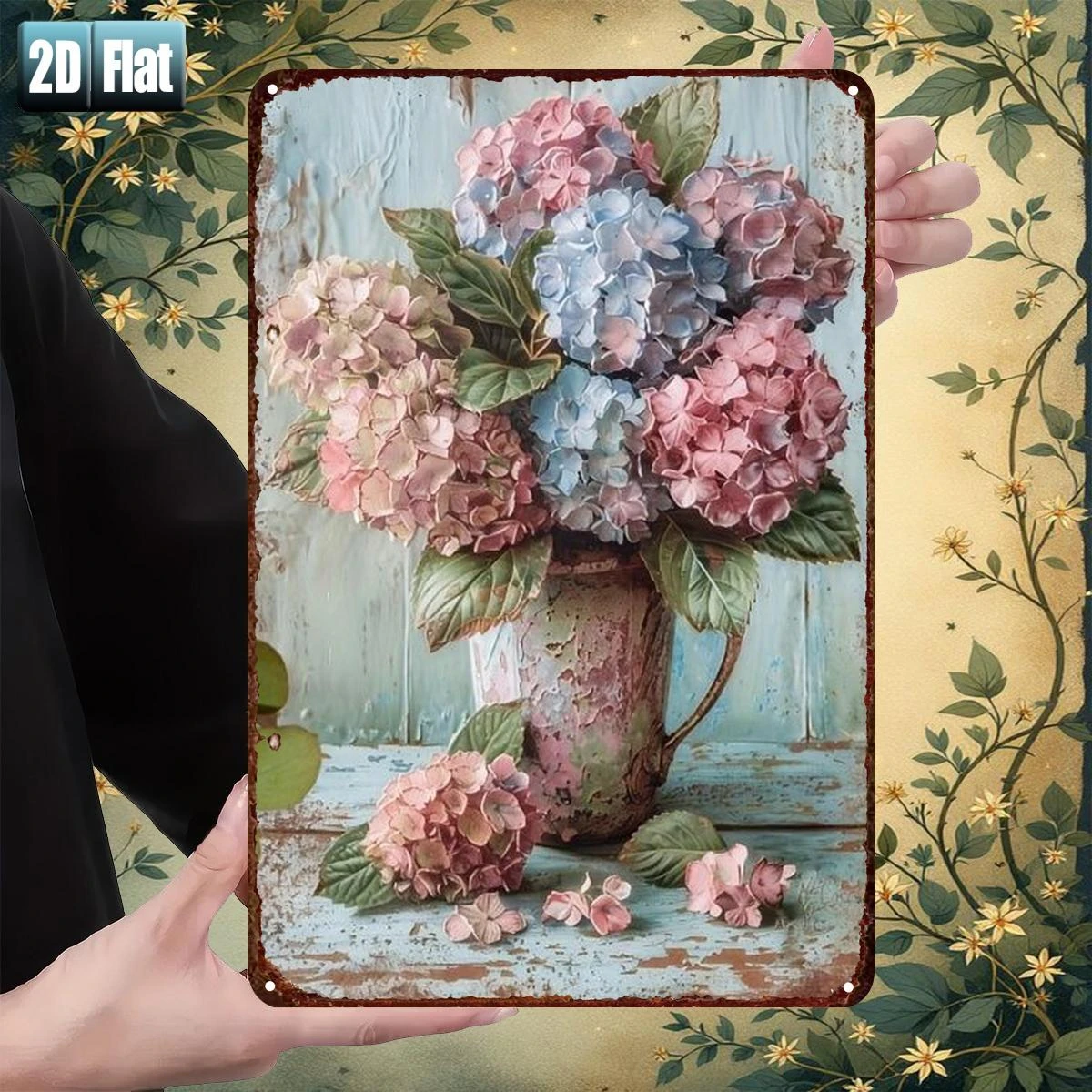 Vintage Vase of Pink and Blue Hydrangeas | 2D Flat Iron  Sign, Size 8