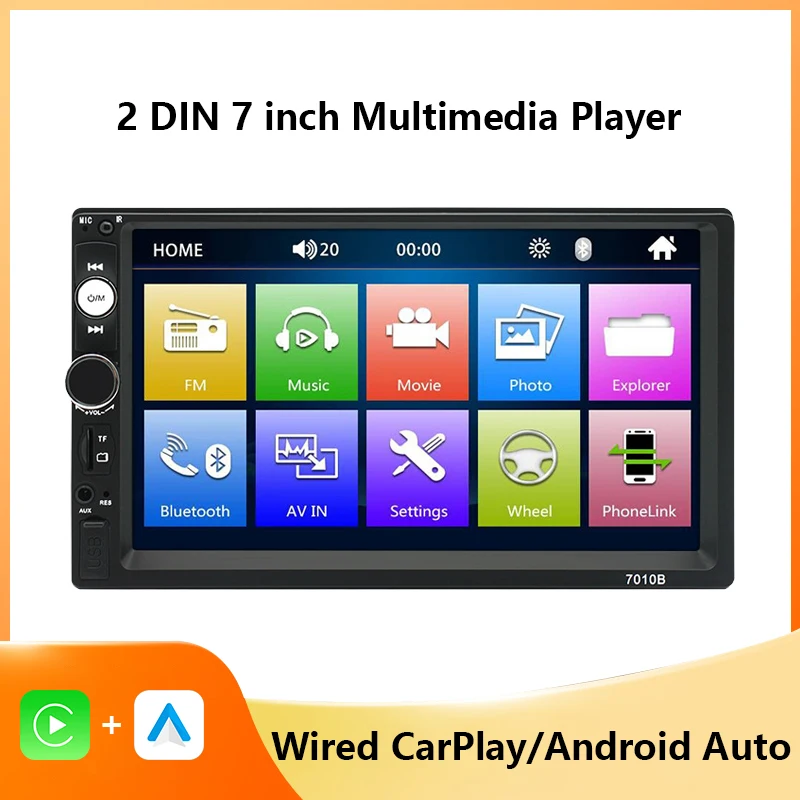 

7-дюймовый автомобильный радиоприемник 2 Din CarPlay Android Auto Bluetooth Универсальная автомобильная интеллектуальная система Автомобильный радиоприемник с сенсорным экраном Мультимедийный плеер