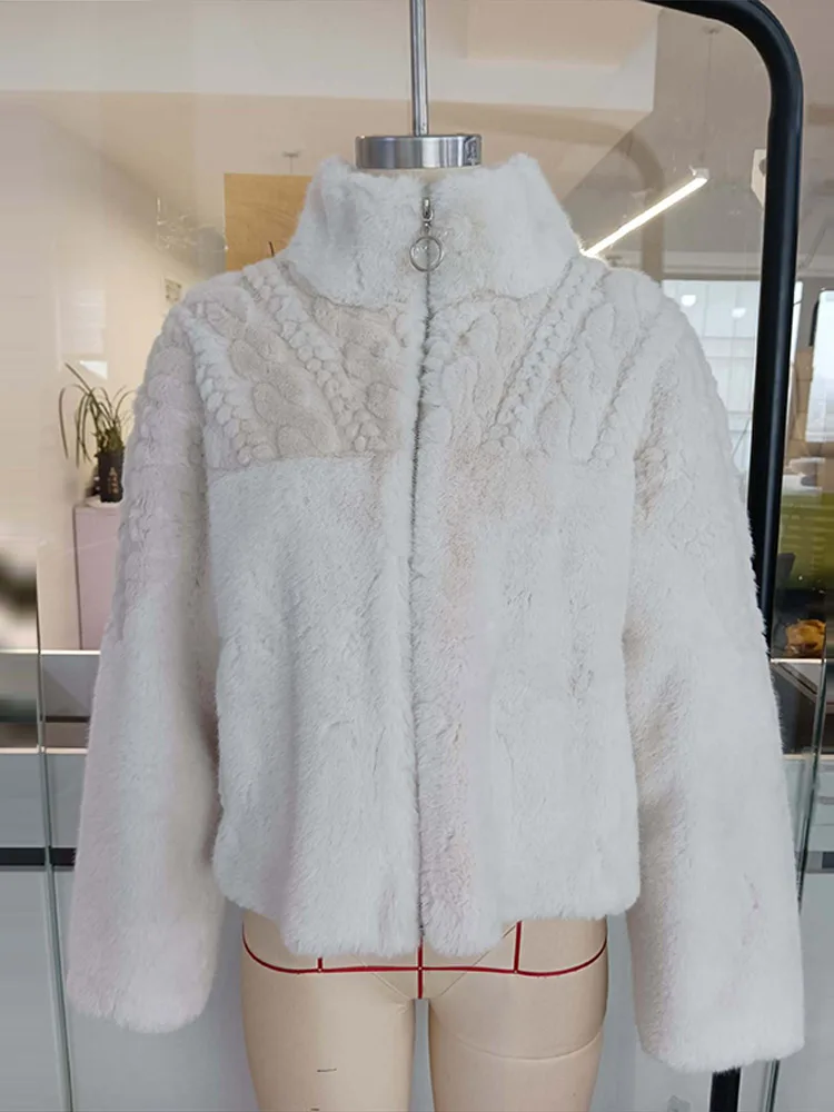Abrigo de piel sintética para mujer, chaqueta femenina con patrón de manga larga y cremallera con cuello levantado, abrigos cortos holgados e esponjosos informales para otoño