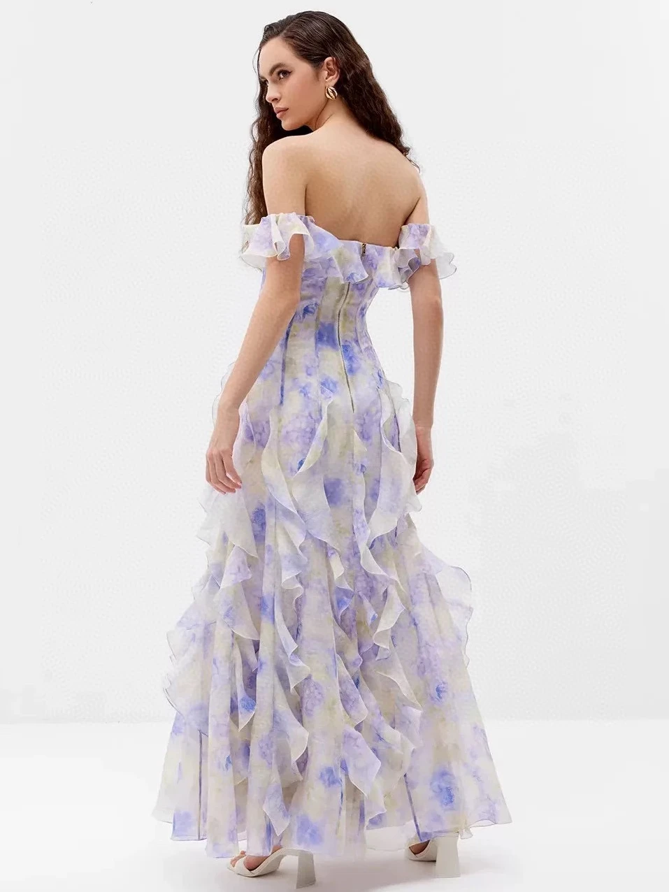 

EVACANDIS Silk Linen Women New Spaghetti Strap Slash Printing Midi Dress Slash Neck Elegant Vintage Sweet Sexy Beach Style Chic