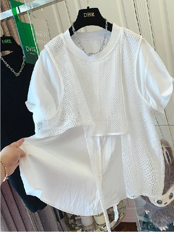 

plus Size Women's Summer Shirt Short Sleeve Mesh Panel Irregular Design Breathable Casual Style Polyester Fiber Inner Wear