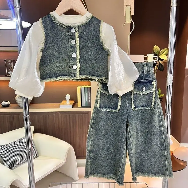 

Children's Clothing Sets Puffed Sleeve Base Shirt + Jeans Vest + Wide Leg Pants 3pcs Sets Baby Girl Outfit Set Baby Girl Clothes