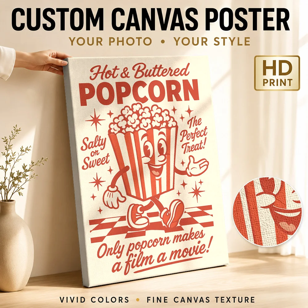 Popcorn Cartoon Cinema Food Wood Framed Canvas Print Personalized Photo Retro Graphic Wall Art For Kitchen Housewarming Gift