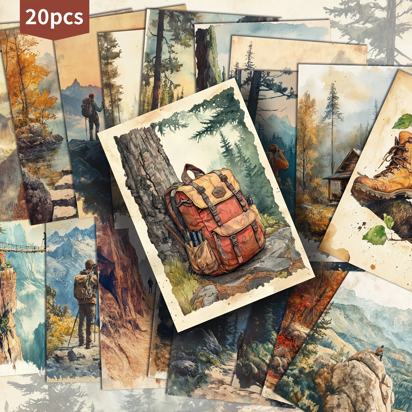20PCS Retro Backpack Hiking Natural Landscape Postcards - Retro Garbage Diary Cards, Suitable for Scrapbooks and Handicrafts