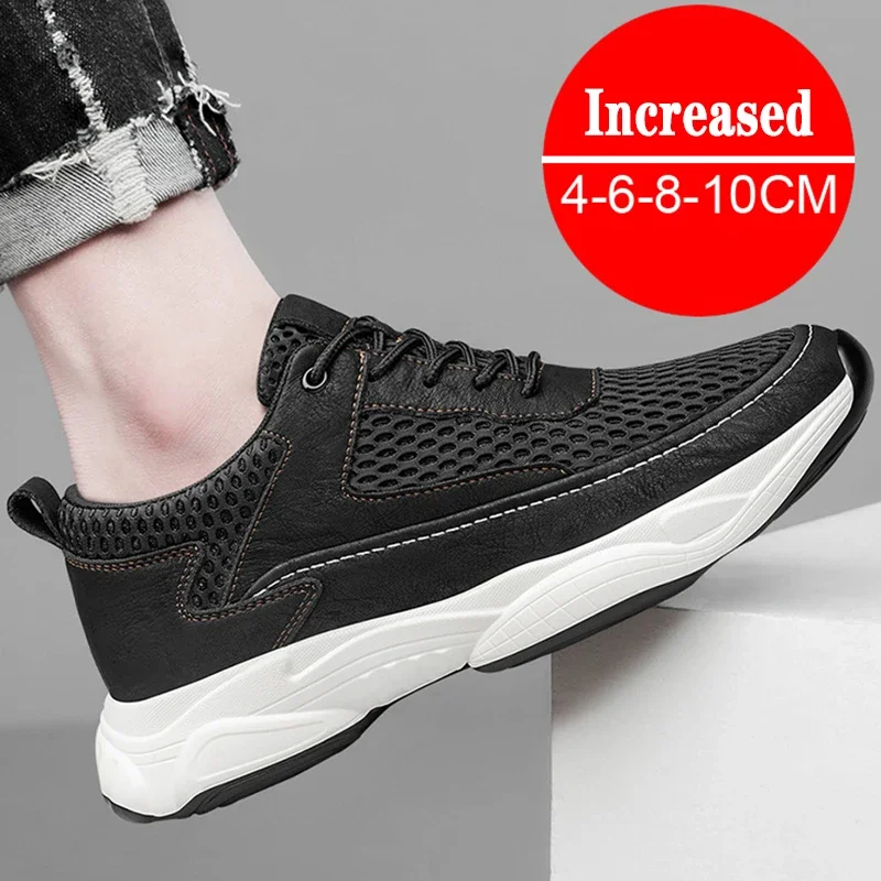 Breathable Sneakers Man Elevator Shoes Height Increase Insole 8cm Black Taller Shoe Men's Leisure Fashion Sports Plus Size 37-44