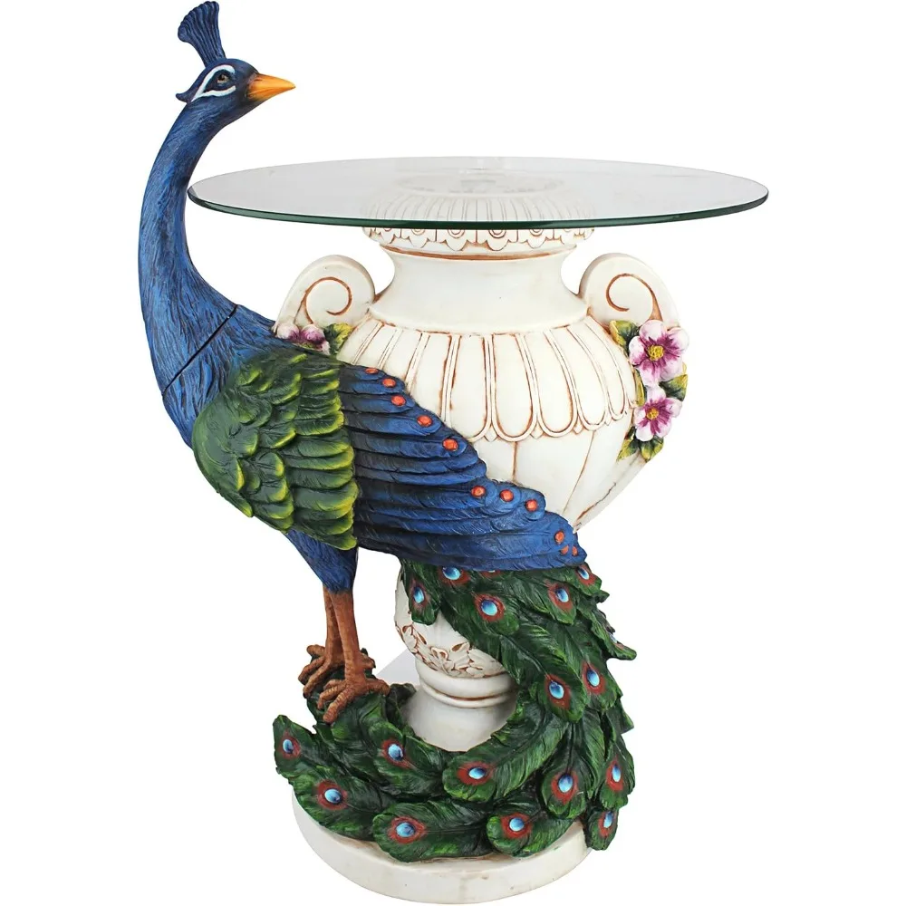 KY4128 Staverden Castle Peacock Glass Topped Side Table, 17 Inches Wide, 25 Inches Tall, Handcast Polyresin, Full Color Finish