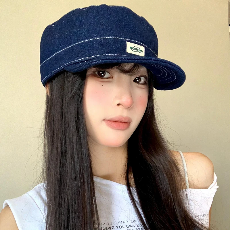 

Japanese Simple Blue Denim Patch Design Flat Top Beret for Men and Women Spring and Autumn Adjustable Flat Edge Baseball Cap