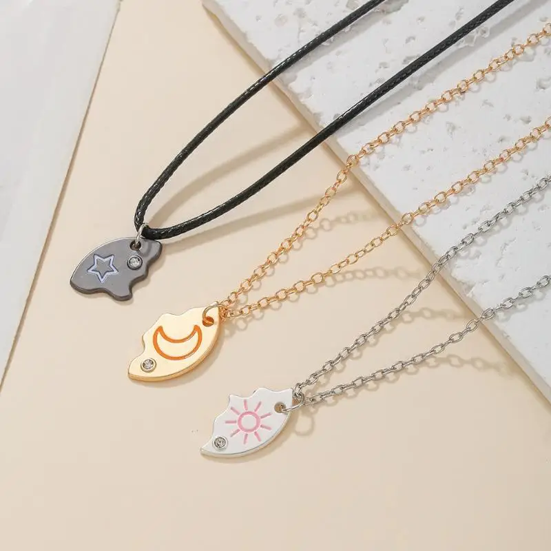 (Ce14)3 Pcs Sun Moon Star Puzzle Matching Necklaces With Rhinestone Accents Perfect For BFF Couples Friendship Gifts Daily Wear