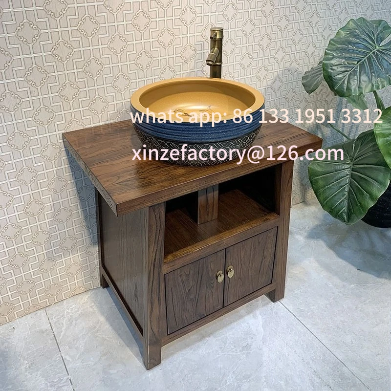 Lavandino antico personalizzabile, bagno dal pavimento al soffitto, combinazione di mobili da bagno per piccoli appartamenti in legno massello retrò