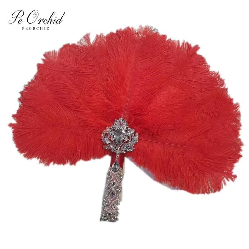 

PEORCHID Red Ostrich Feather Fan Luxury Crystal Alternative Bridal Bouquet Great Gatsby Wedding Style Boho Bouquet 2023