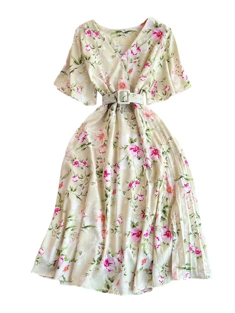 INS mujeres verano cuello pico estampado floral vendaje plisado vestido largo casual fiesta cintura alta vestido de fiesta elegante Vestido de playa