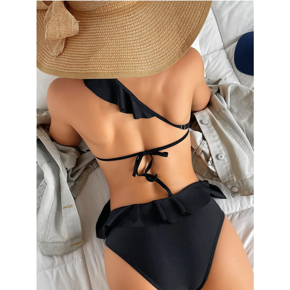 Sexy Ripped Holes Hollow Out Bodysuits Women Slant Shoulder Bandage Lace Up Lace One Piece Rompers 2023 Summer Beach Bikini