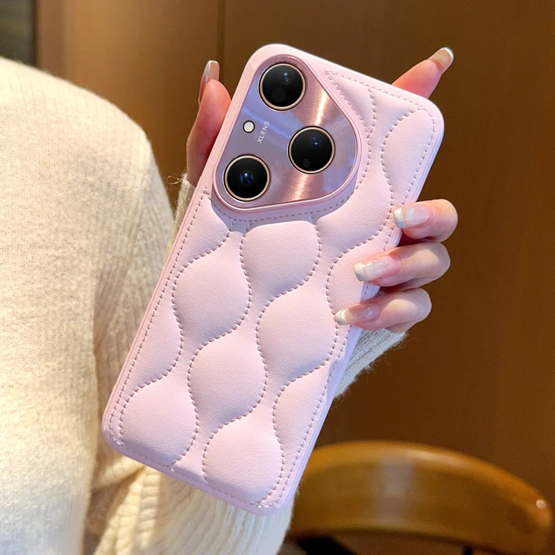 Shockproof Leather Geometric Grain Case For Huawei Pura 80 Pro 90 Pro Max 70 Ultra, Slim Metal Camera Protection Phone Cover