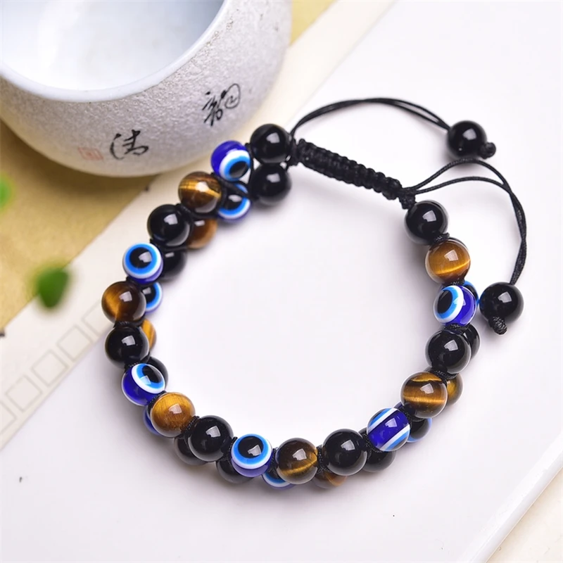 8MM Natural Crystal Quartz Evil Eyes Woven Bracelet Women Men Handmade Stretch Rope Luxury Jewelry Energy Healing Gift 1PCS