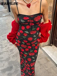 IAMSURE Vintage Slim Cherries Printed Bodycon Dress Holiday Sexy Slash Neck Sleeveless Maxi Dresses For Women  Summer Fashion