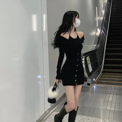 Pure Sexy Fake Two Girl Black Winter 2023 Tight Slim Hip Wrap Party es Women Dress Vestidos Para Mujer