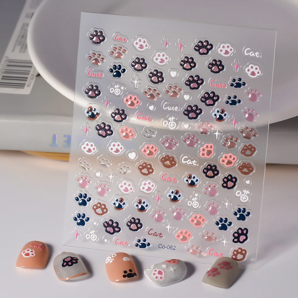 1pcs 5D Relief Nail Stickers Cartoon 3D Jelly Cat Paw Print Nail Art Decorations Decals Cute Cat Adhesive Slider Press On Nails