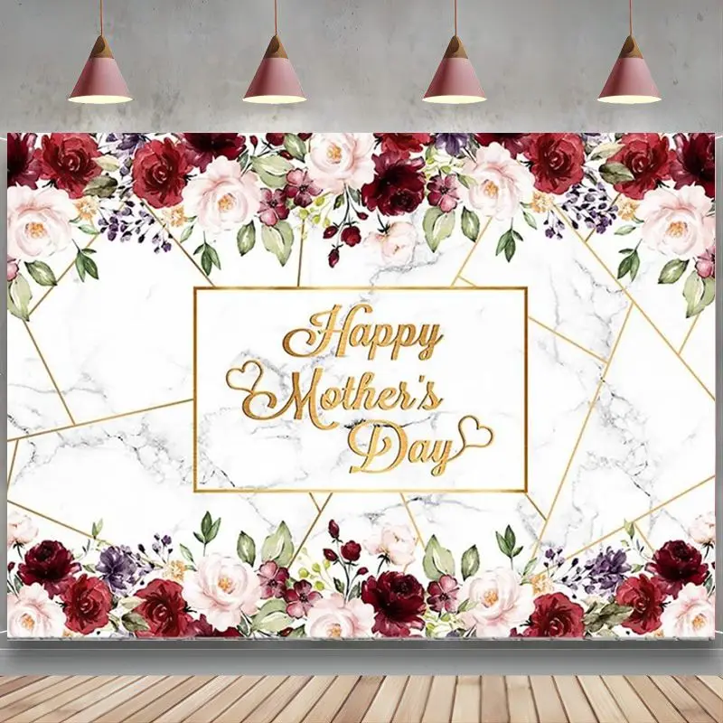 

Happy Mother's Day Backdrop Pink Burgundy Floral Marble Photography Background I Love You Mom Party Decorations Banner