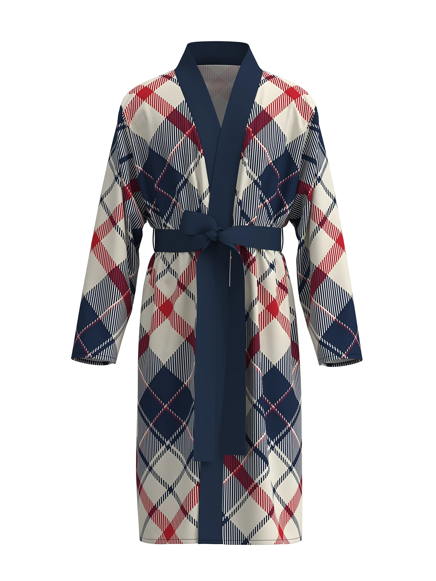 

MMen's 3D printed bathrobe beige red and blue plaid pattern skin-friendly quick-drying spring and autumn thin style with belt