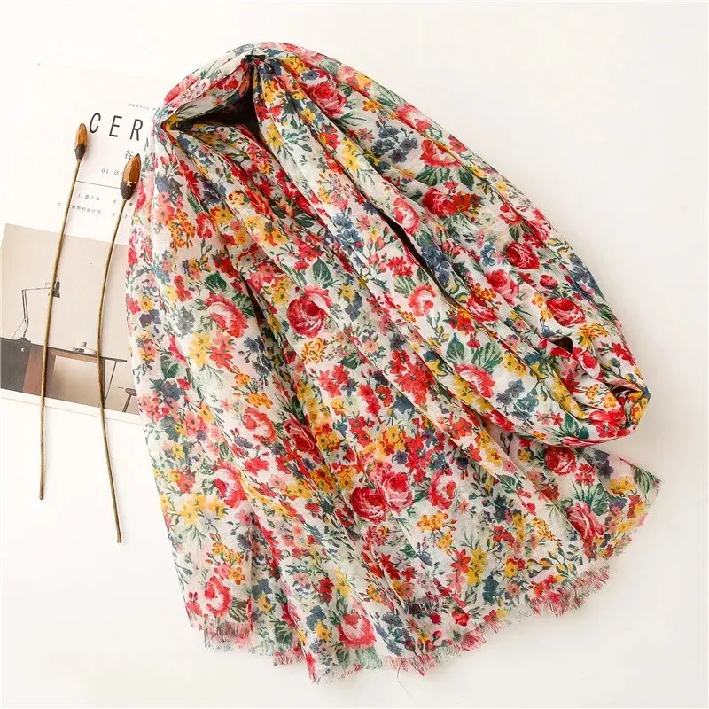 Women Cotton Linen Scarf Floral Print Tassel Shawl Vintage Patchwork Viscose Muffler Fashion Decoration 180*90cm