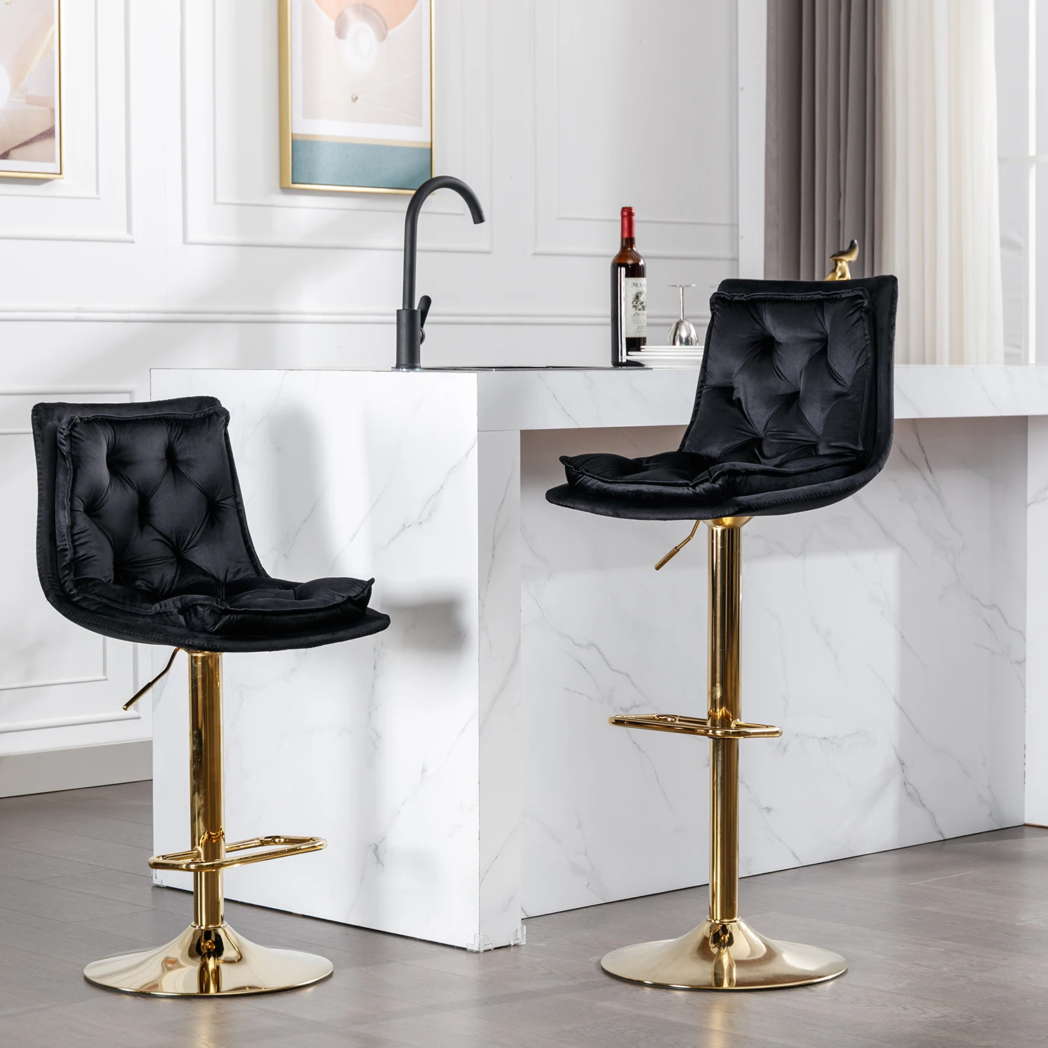 Set of 2 Swivel Height Adjustable Bar Stools with Chrome Footrest, Mechanical Lifting Velvet Seat, Golden Legs - Black