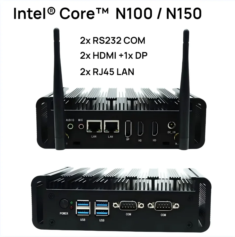 Mini PC industriale senza ventola Intel N150 N100 2xHD DP Tripla display Dual Lan e Rs232 COM per segnaletica automatica/multimedia/digitale