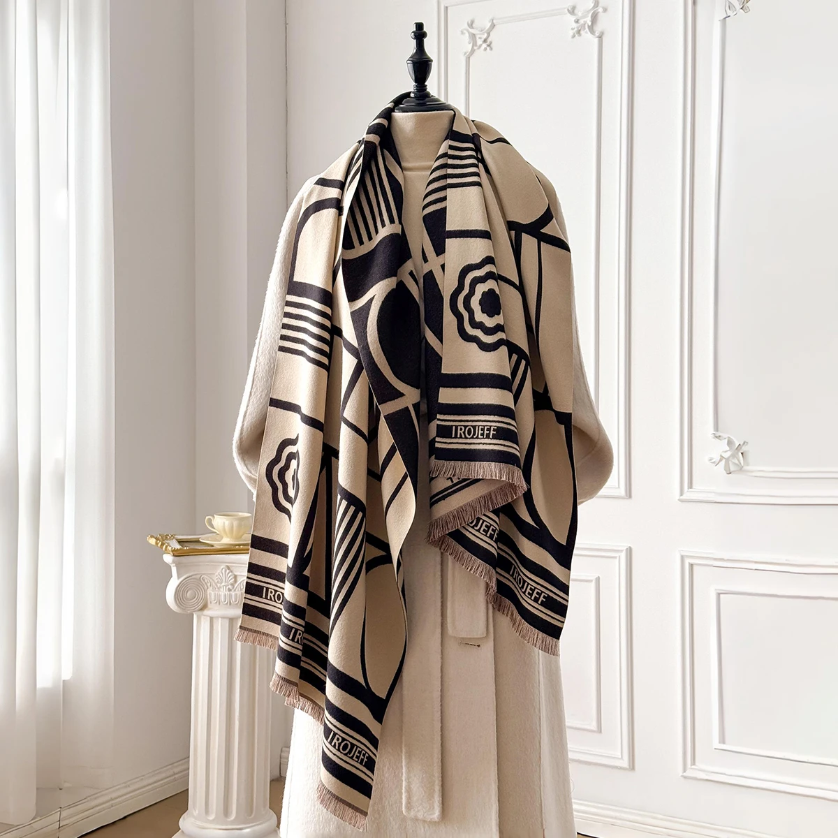 

Winter Travel Faux Cashmere Scarf for Women Thick Warm with Cashew and Geometric Stripes Fashionable Luxurious Blanket Scarf