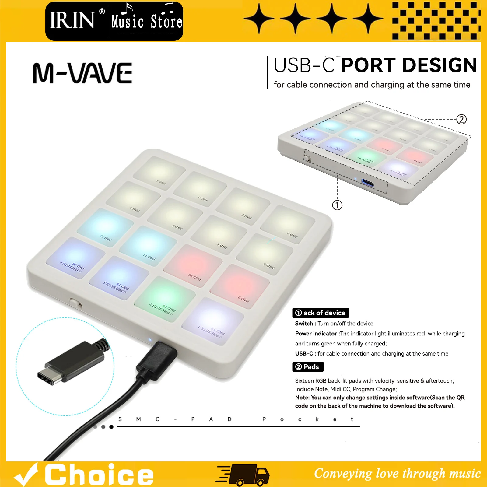 

M-VAVE SMC-PAD Pocket Portable Arranger Keyboard Controller Wireless MIDI USB-C Interface Compatible with Windows/iOS