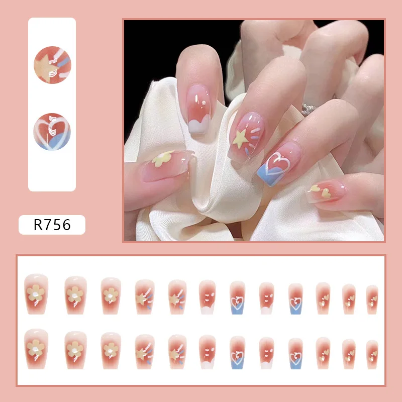 

24PCS Sweet Blush Press-On Nails – Medium-Long Square Shape With Star, Heart & Floral Motifs on Blue Base (Playful Candy Style)