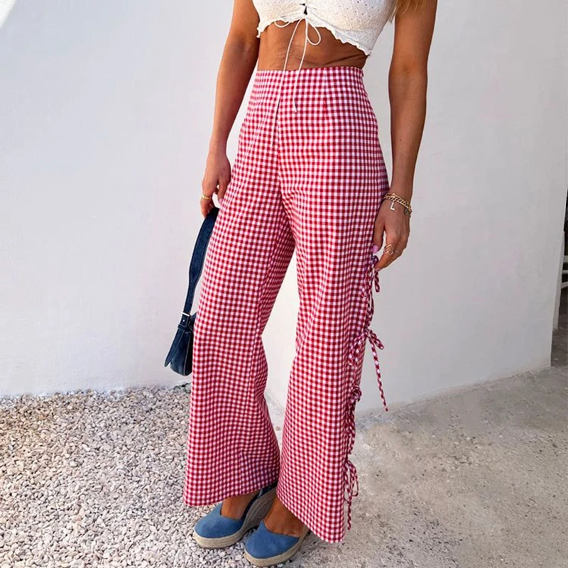 Plaid Wide Leg Pants Kawaii Side Tie-Up Hollow-Out Loose Trousers Casual Sweatpants Lounge Bottoms Y2K Vintage Pants Streetwear