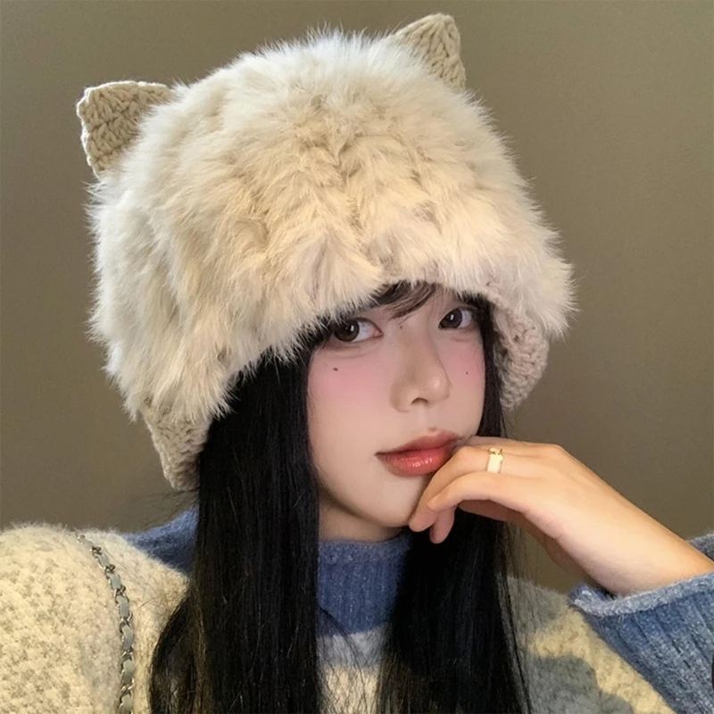 Plush Knitted Patchwork Hat for Winter Warm Cats Ear Hat Roleplay Party Costume Hat Adult Trapper Hat for Cold Dropshipping