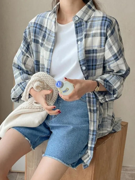 Korean Style Boyfriend Loose Long Sleeve Cardigan Women's Autumn Retro Plaid Versatile Loose Medium Length Sun Protection Shirt