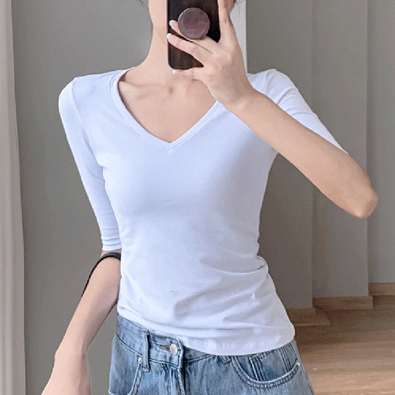 2023 Summer Top Cotton Half Sleeve T Shirt Women Korean Style Solid V Neck Tshirt Casual Tee Shirt Femme Woman Clothes Camisetas