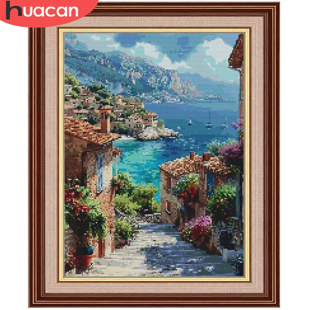 

Наборы для вышивания крестиком HUACAN: Пейзаж с прибрежным домом, декор для дома, 11CT, наборы для вышивки, городской пейзаж с портом, рукоделие, подарок своими руками