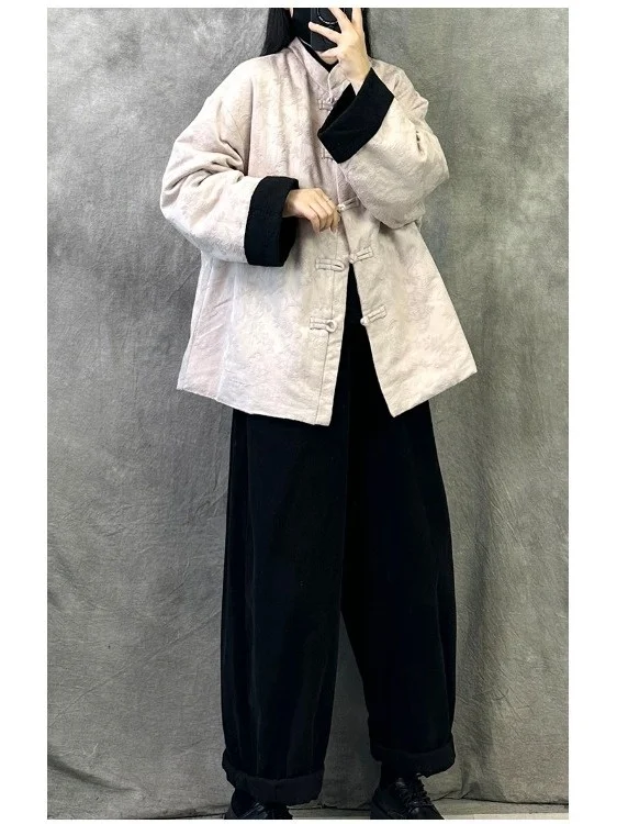 

Новинка 2025, осеннее женское хлопковое джинто в китайском стиле в стиле ретро, длинное пальто свободного кроя с воротником-стойкой