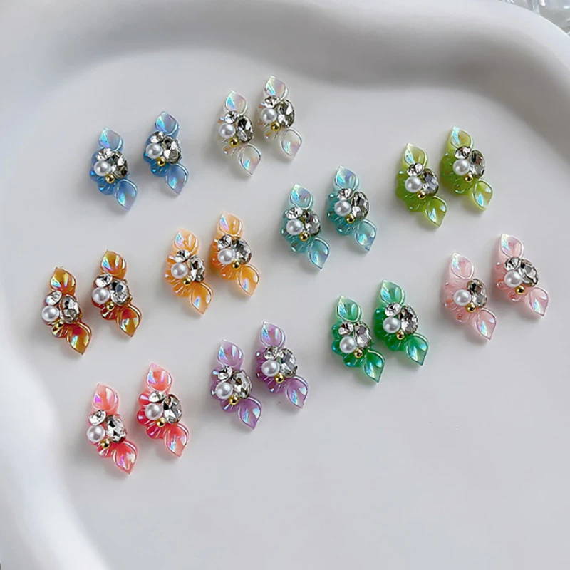 2 stuks Aurora Side Flower Nail Art Charms 3D Bloemen Met Parel Strass Kristal Nail Art Decoratie Nagel DIY Accessorie